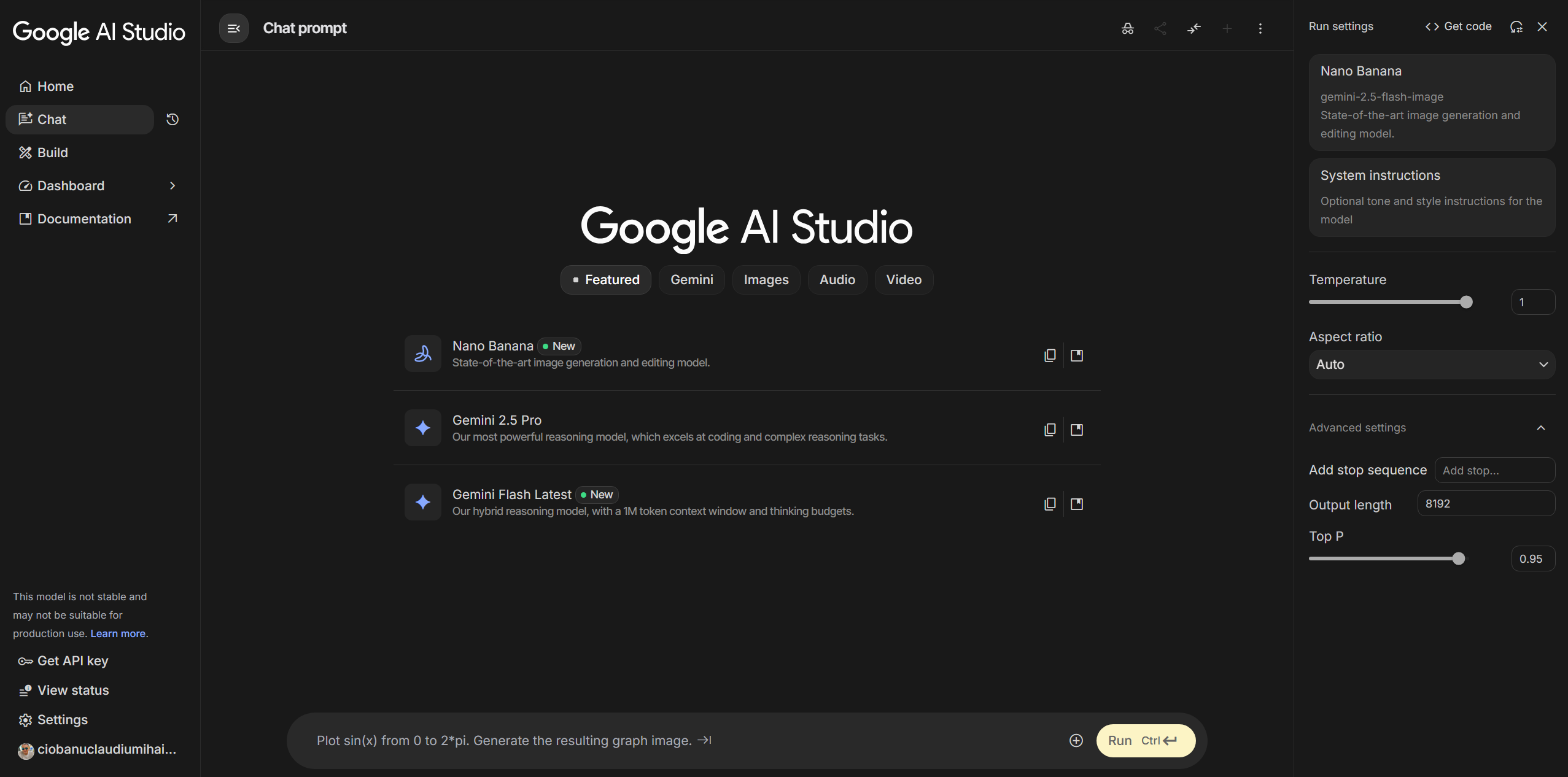 Interfața Google AI Studio unde selectezi modelul Nano Banana și formatul imaginii